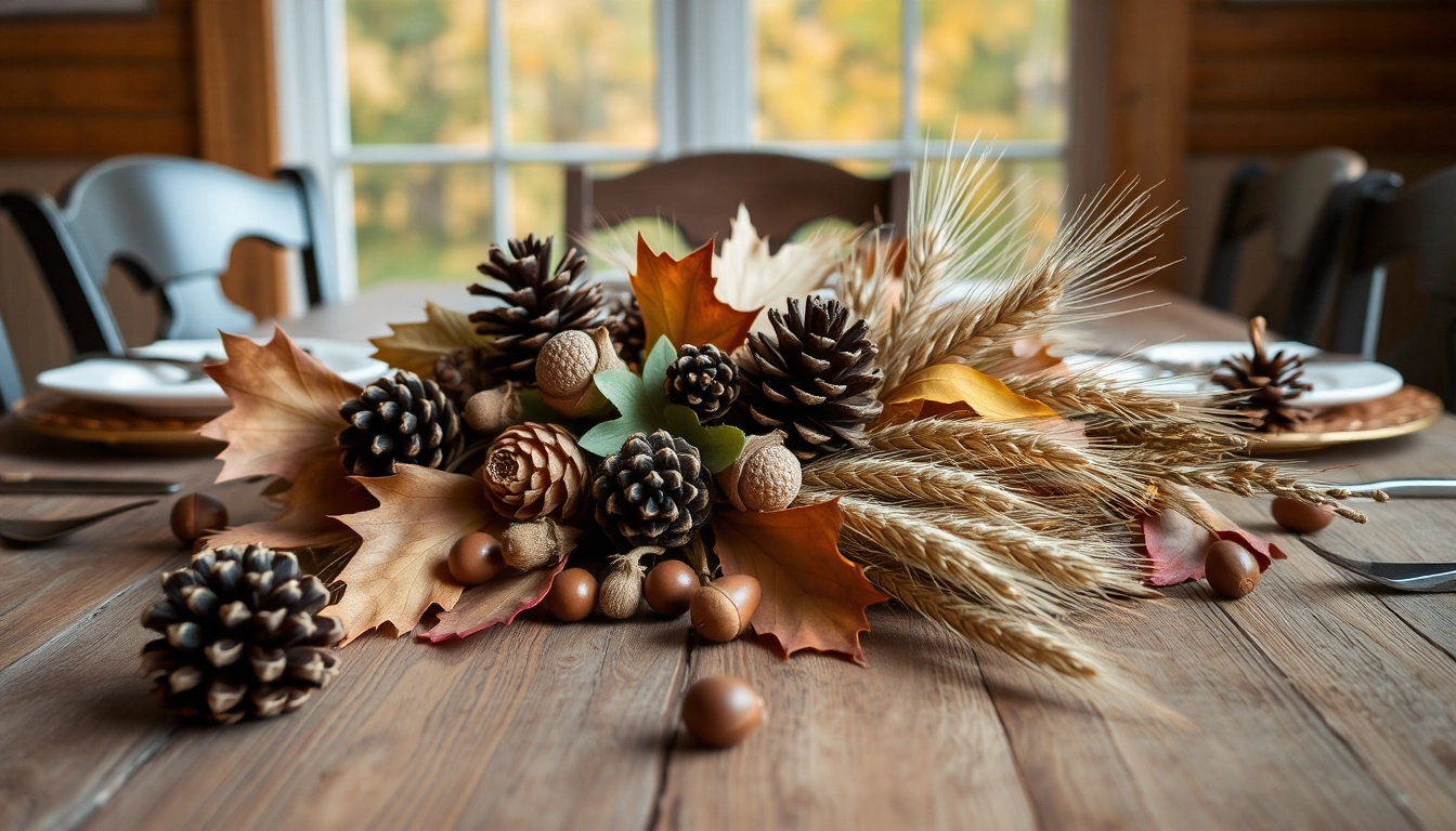 Cozy Thanksgiving Decor Ideas. Thanksgiving dining table decorated with natural elements like pinecones, dried leaves, and wheat stalks, creating a rustic and seasonal centerpiece.