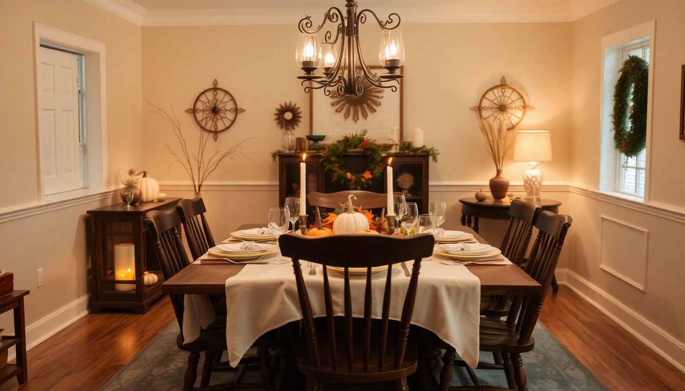 Dining room set for Thanksgiving with personalized place cards, simple fall decor, and a welcoming ambiance for a festive holiday gathering.