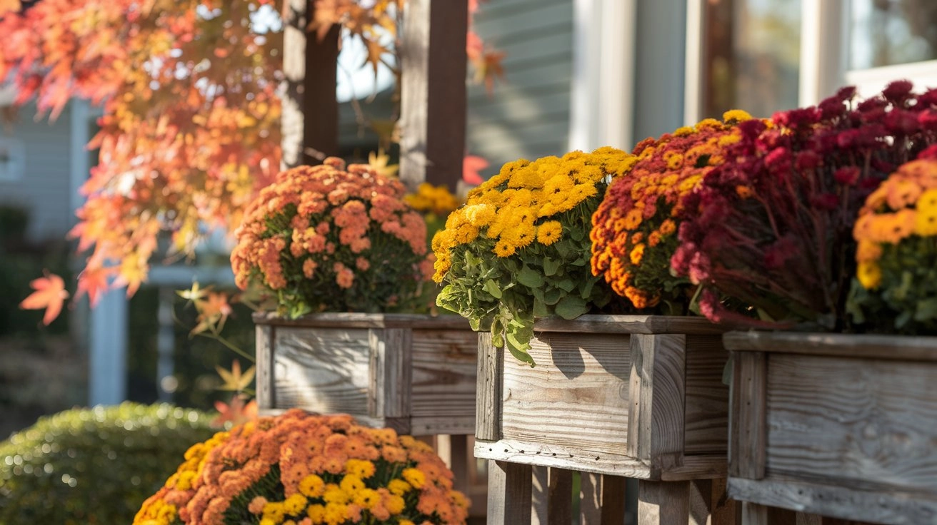 Rustic wooden planters overflowing with vibrant fall flowers in orange, yellow, and deep red, on a cozy front porch adorned with autumn leaves and warm sunlight filtering through