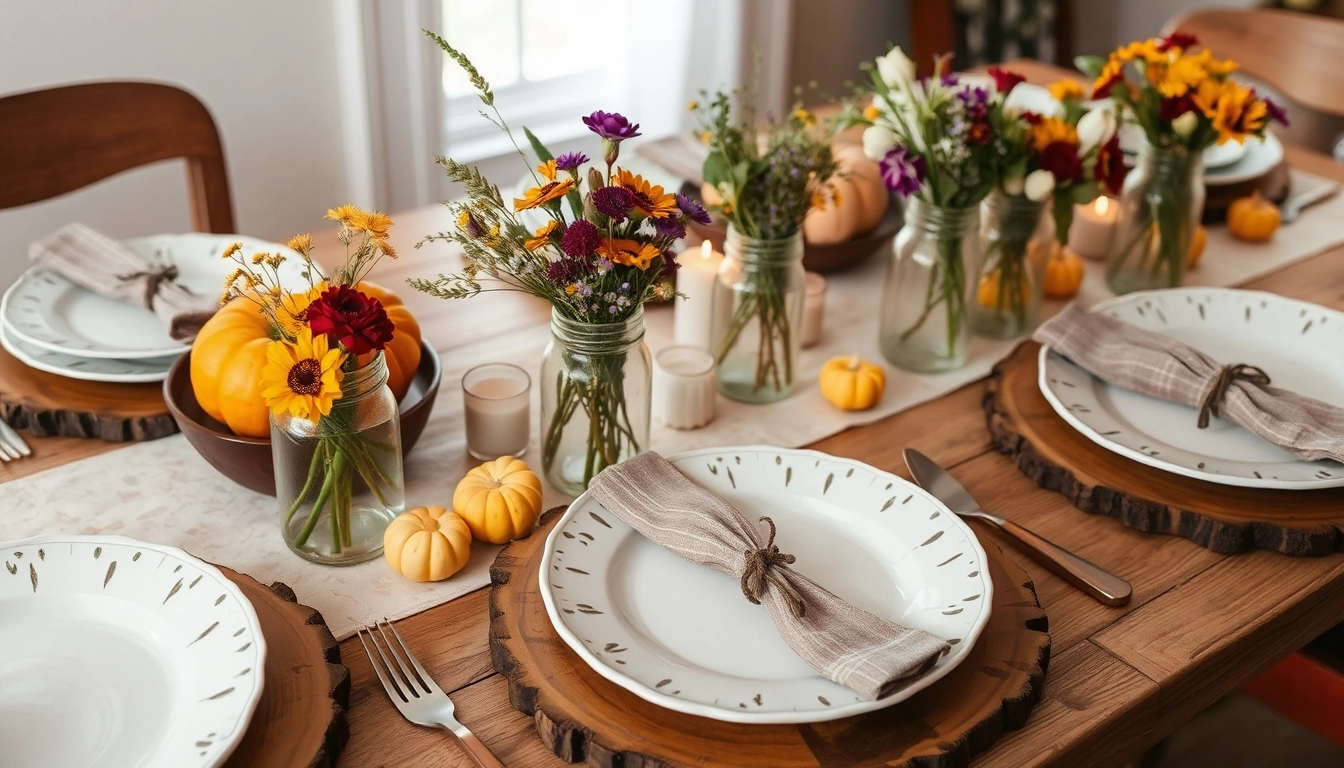 Thanksgiving table set with mismatched plates, mason jars, and small pumpkins, featuring a simple and rustic decor for a charming dinner setting.