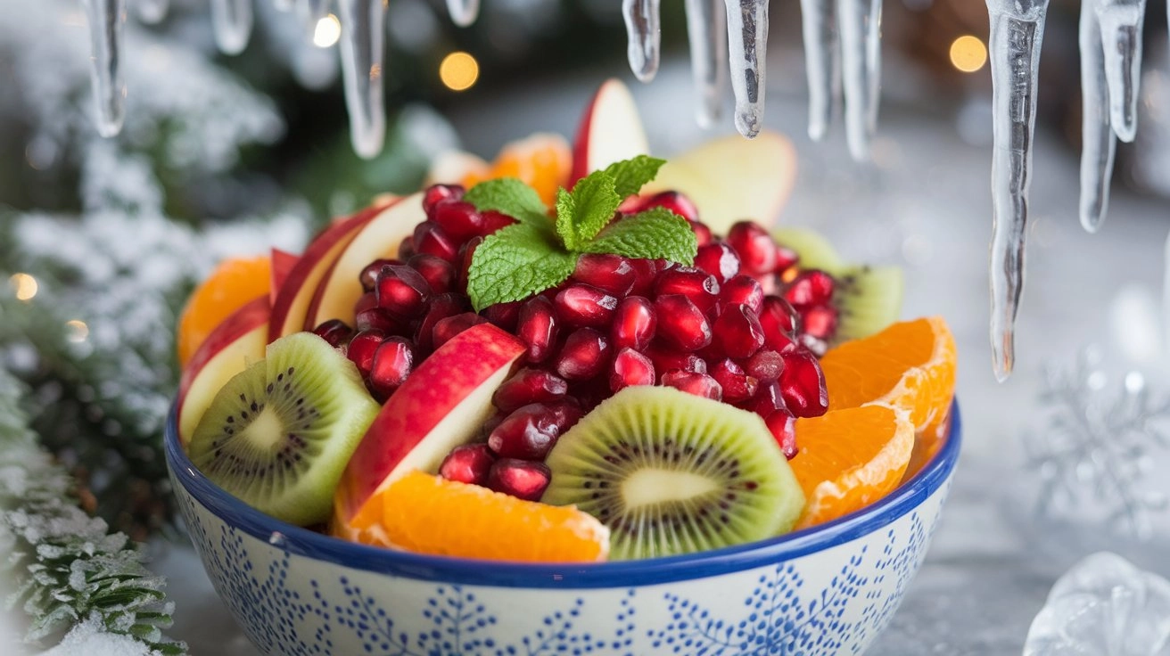 A vibrant winter fruit salad arranged artfully in a festive bowl, featuring a mix of pomegranate seeds, sliced kiwi, orange segments, and red apple slices, garnished with fresh mint leaves, surrounded by a backdrop of icicles and soft snowflakes, evoking a cozy Christmas ambiance.