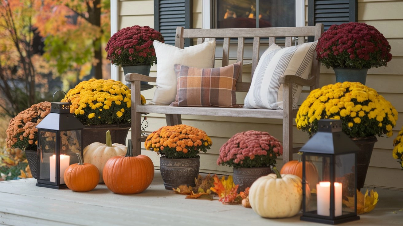 Charming small front porch decorated with fall decor, featuring a cozy rustic bench with throw pillows, surrounded by pumpkins, colorful autumn leaves, and potted mums, with warm lighting from lanterns creating an inviting atmosphere.