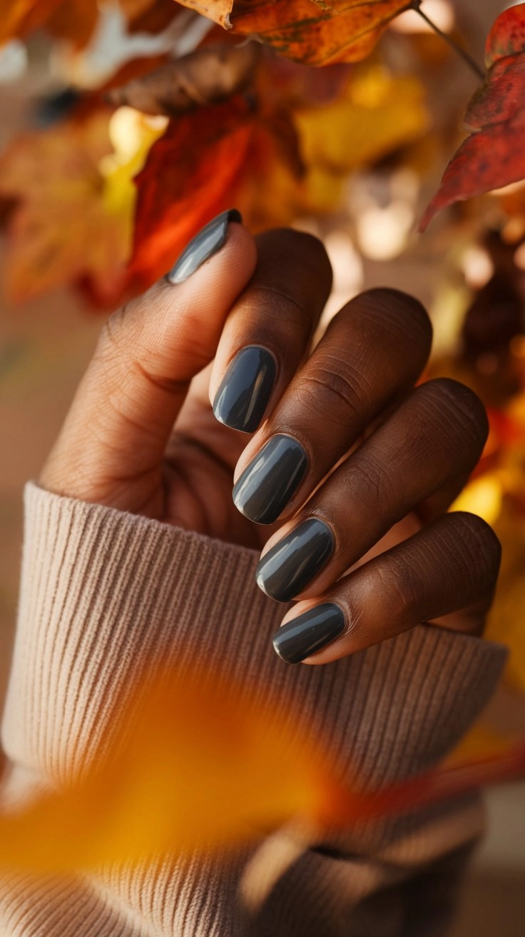 Close-up view of hands with perfectly manicured slate gray nails, set against a backdrop of autumn leaves in warm hues of orange, red, and yellow. 