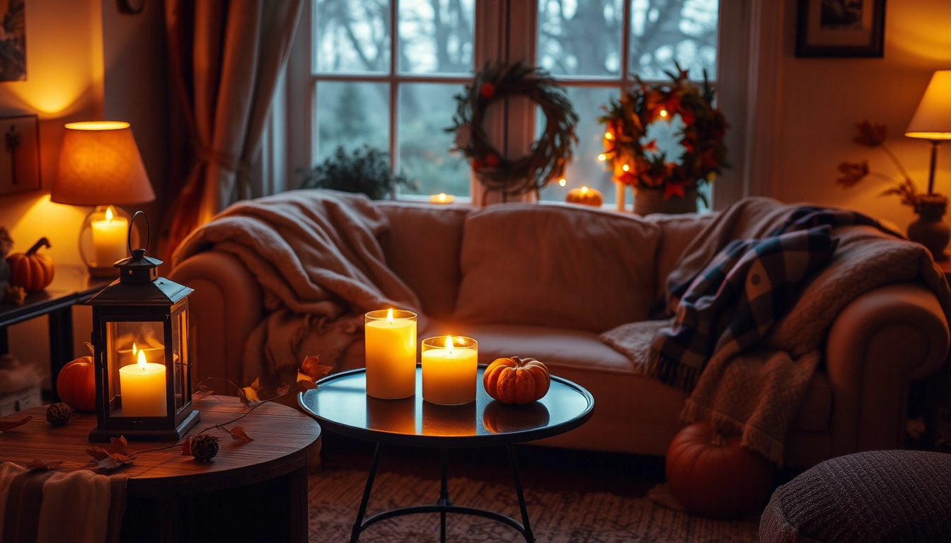 Cozy living room with soft lighting from candles and a lantern, featuring a plush sofa, blankets, and fall decor such as pumpkins and leaves. Cozy Thanksgiving Decor Ideas creating a warm and inviting atmosphere for the holiday season.