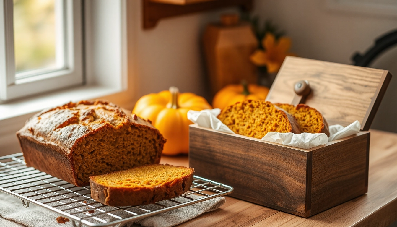 Cozy kitchen with freshly baked pumpkin bread cooling on a wire rack, beside a rustic wooden box filled with slices of bread. Warm autumn colors and soft natural light filter through a window, with seasonal decorations like small pumpkins and falling leaves in the background.