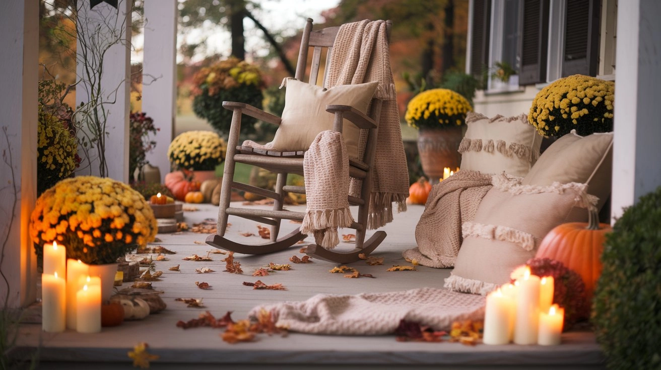 Cozy front porch featuring warm blankets, soft cushions, and autumn decor; a rustic rocking chair amidst rich fall leaves, ambient candlelight, and seasonal plants like pumpkins and mums, set against a serene evening backdrop.