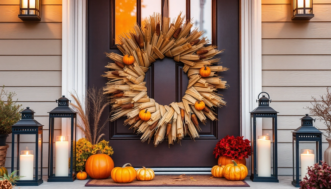 Front porch decorated with a fall-themed wreath made of corn husks and pumpkins, accompanied by lanterns with glowing candles for a welcoming touch.