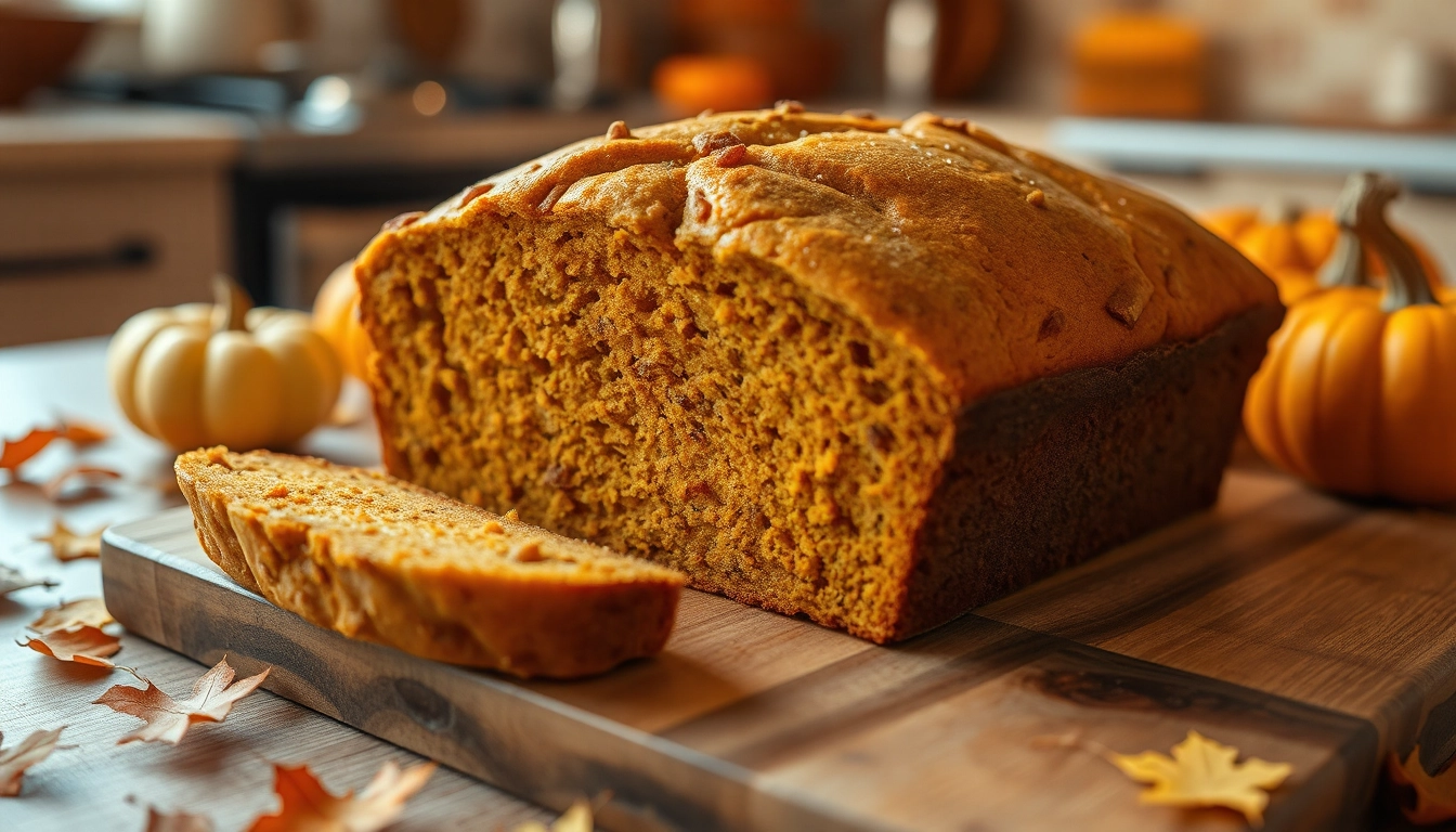  Freshly baked pumpkin bread with a golden-brown crust, flecked with cinnamon and nutmeg, on a rustic wooden board, surrounded by autumn leaves and small pumpkins in a cozy, softly lit kitchen.
