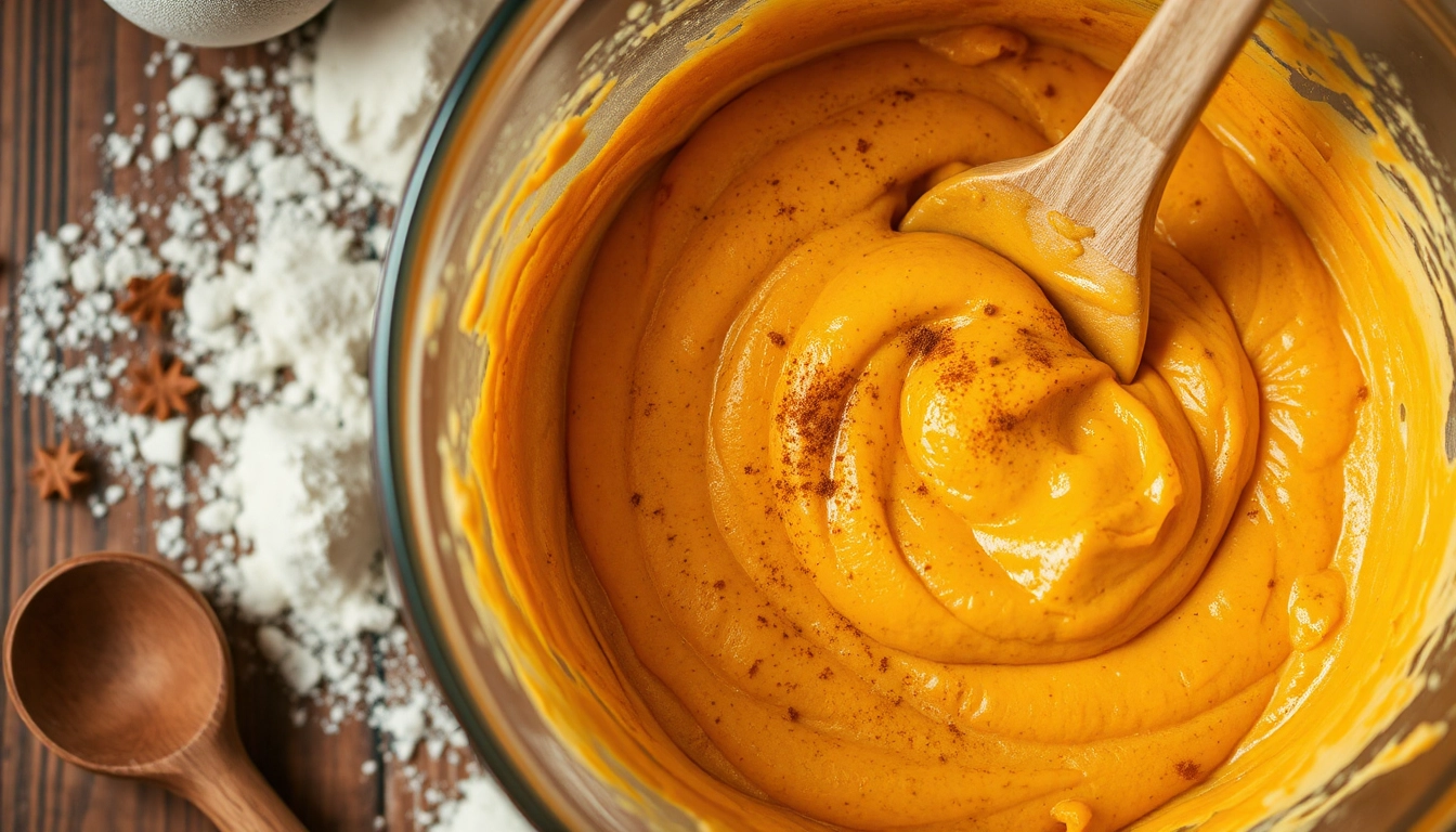 Mixing bowl of creamy pumpkin bread batter, vibrant orange with cinnamon and nutmeg flecks, surrounded by flour, sugar, eggs, and a wooden spoon, in warm autumn tones and soft natural lighting.
