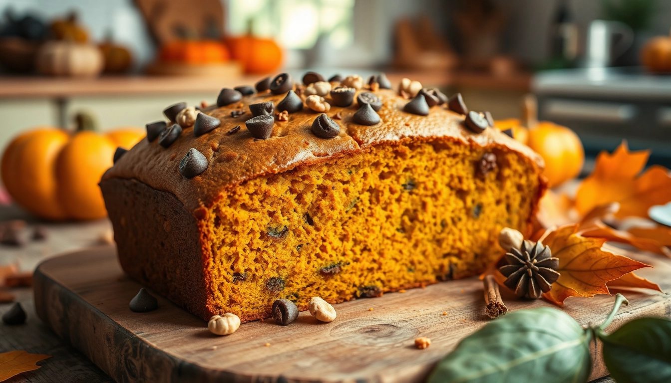  Freshly baked pumpkin bread topped with chocolate chips and crunchy nuts, on a rustic wooden table, surrounded by autumn leaves and warm spices, with a cozy kitchen backdrop and soft natural lighting.