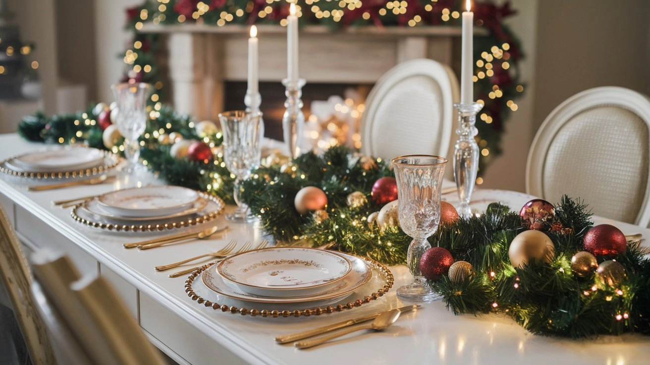 A beautifully set Christmas table with white and gold tableware, lush garlands, sparkling lights, red and gold ornaments, and glowing candlesticks, set against a cozy fireplace and festive decor.