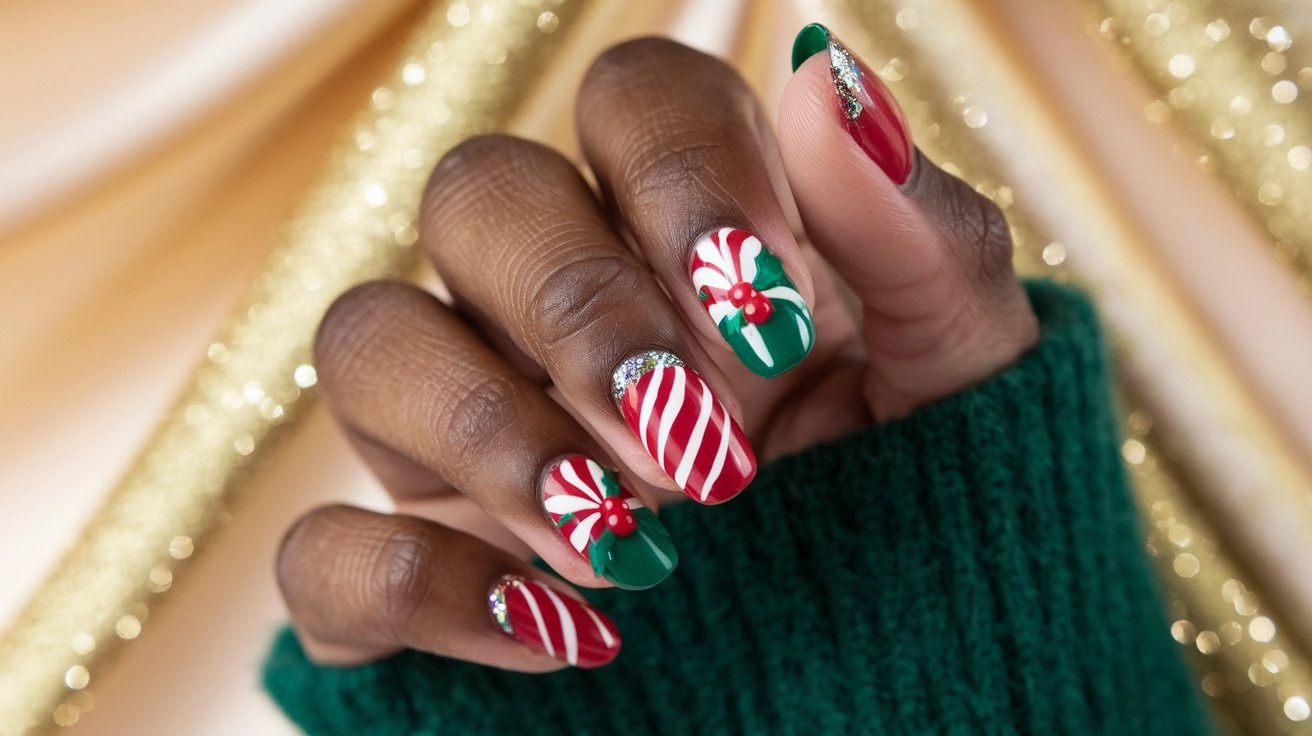 Festive red and green nails featuring candy cane stripes and holly berry accents with a golden backdrop.