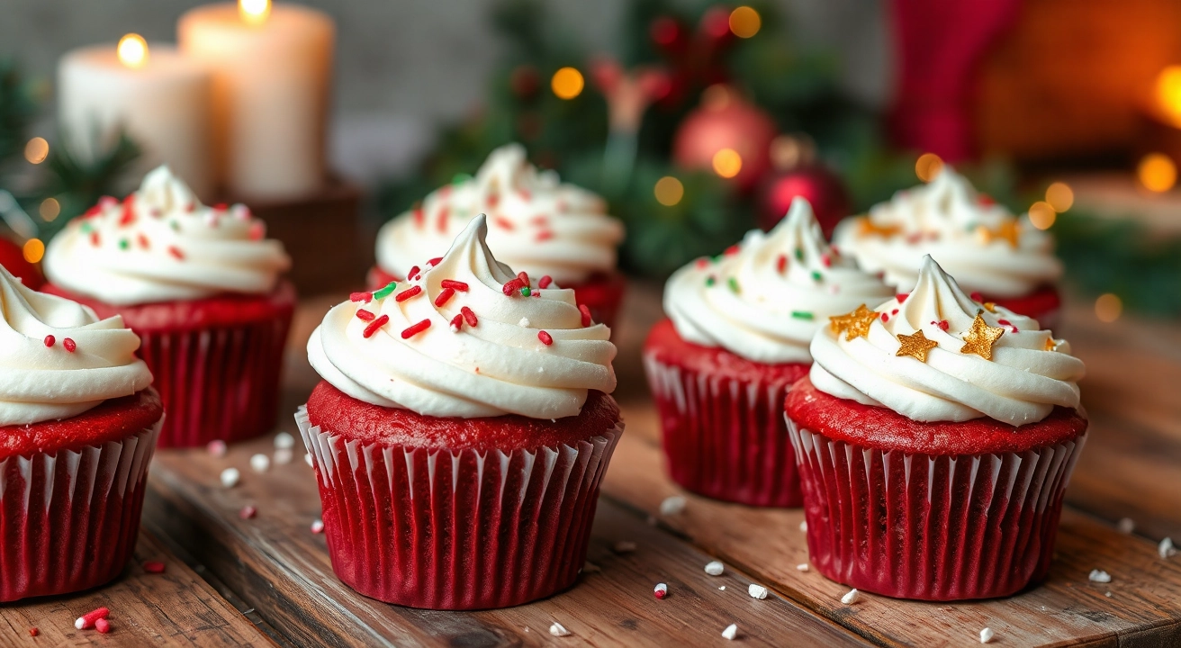 Red velvet cupcakes with creamy white frosting, topped with festive sprinkles and edible gold flakes, arranged on a rustic wooden table with warm candlelight in the background.