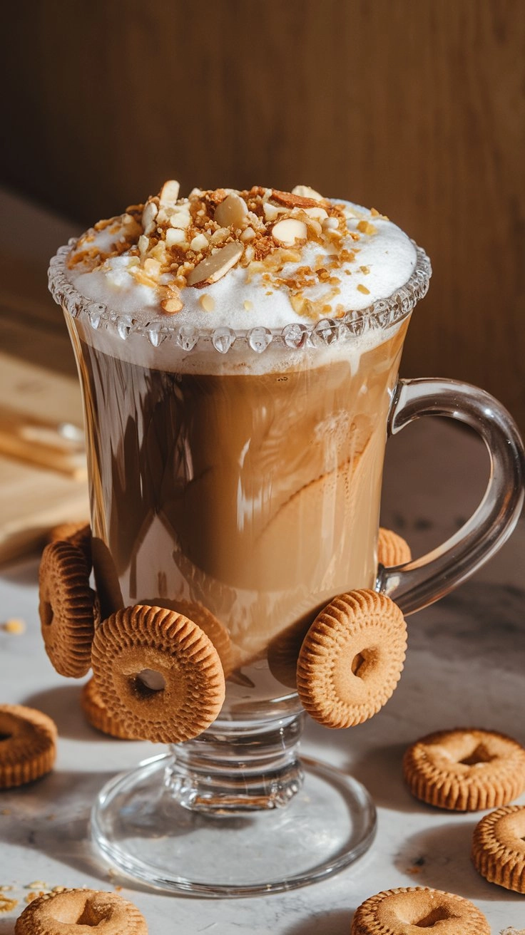 Almond amaretto coffee with crushed cookies and almonds