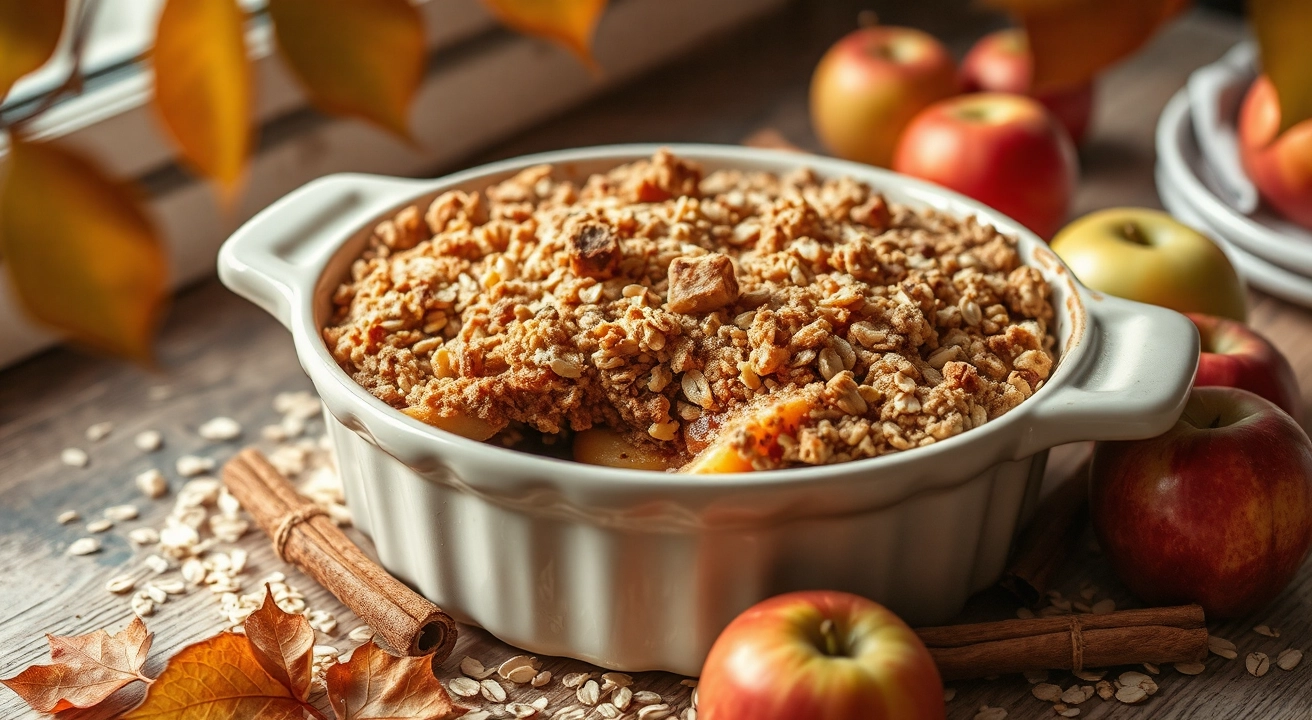 Freshly baked apple crisp in a rustic dish with golden oat crumble topping over caramelized apples, surrounded by oats, cinnamon sticks, and apples on a wooden table in warm, natural light.