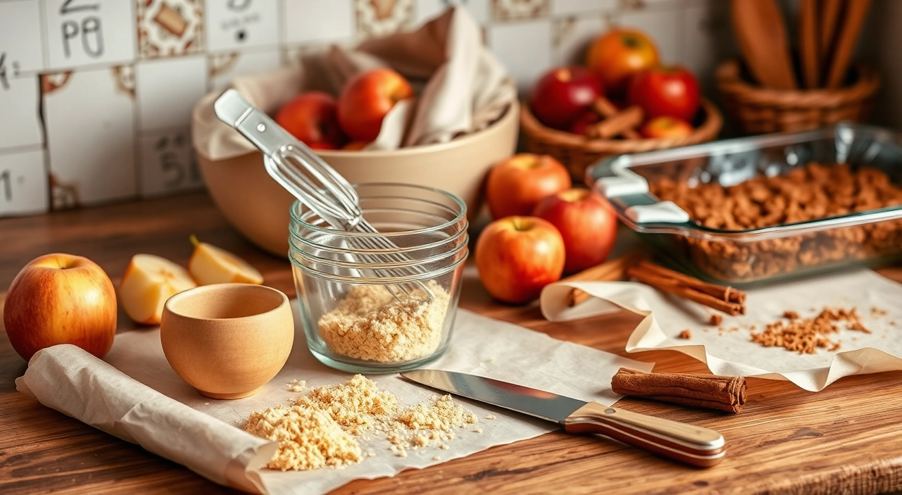 Essential baking tools for apple crisp—mixing bowl, measuring cups, pastry cutter, wooden spoon, knife, parchment paper, and baking dish—arranged on a rustic counter with fresh apples and cinnamon sticks in warm lighting.