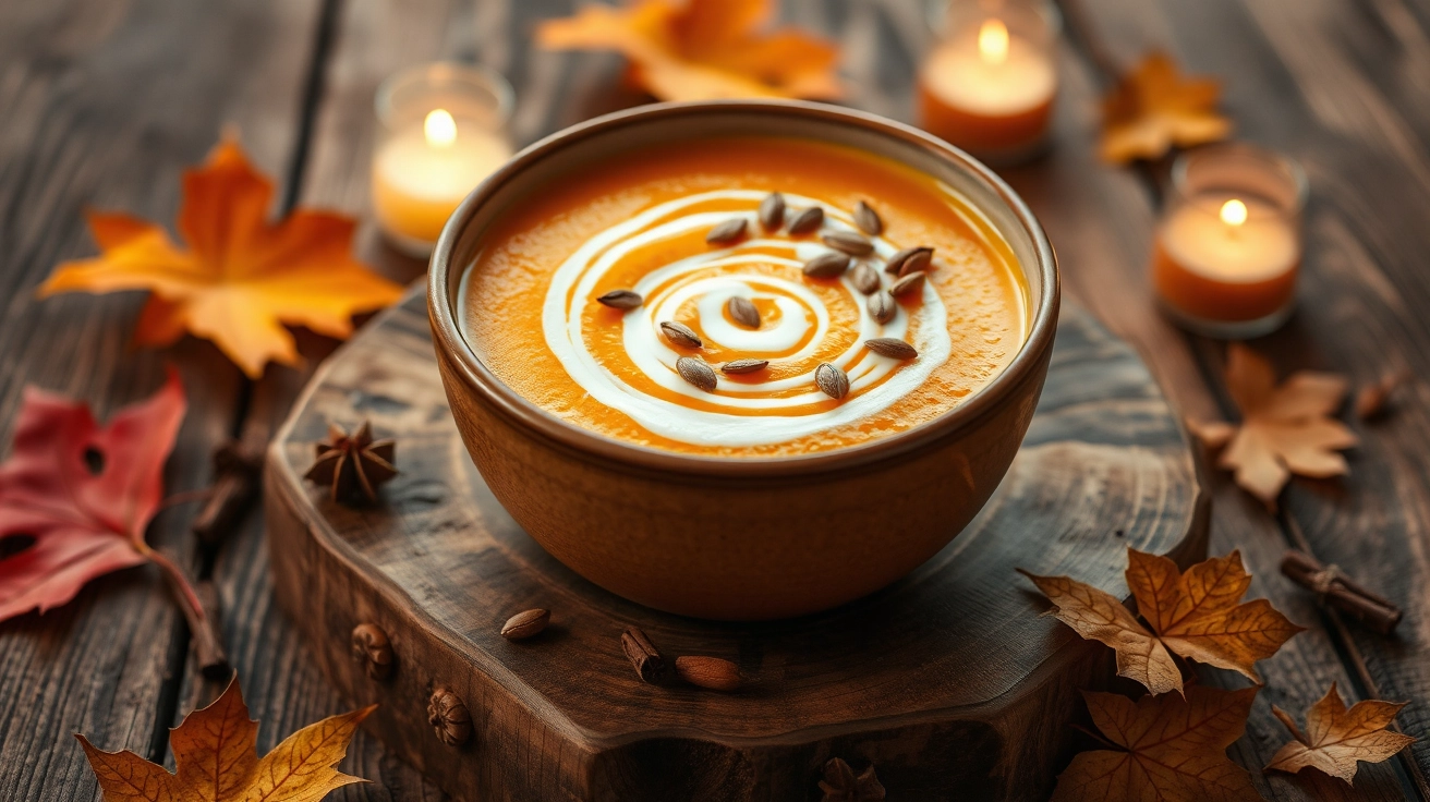 Creamy butternut squash soup with a swirl of cream and toasted pumpkin seeds, on a rustic table with autumn leaves and warm candlelight for a cozy fall feel.