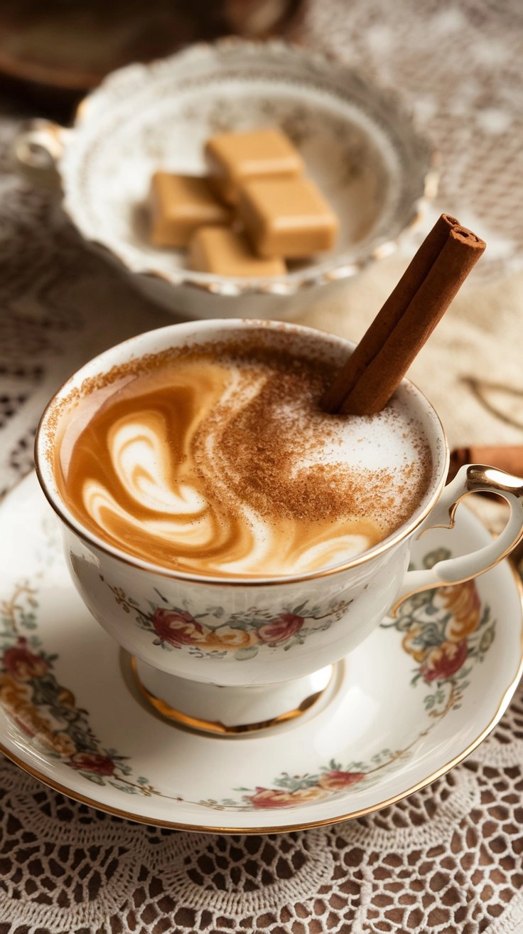 Butterscotch cinnamon coffee with vintage candy dish