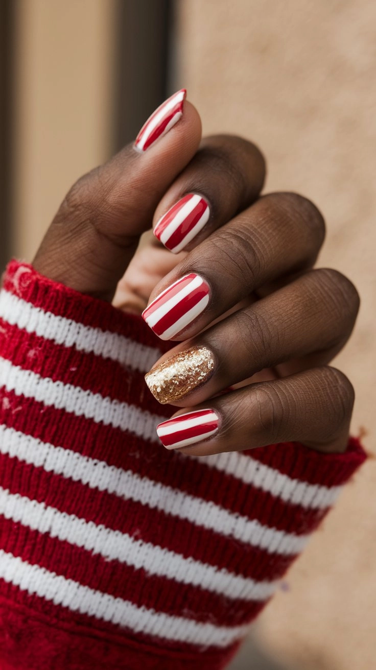 Red and white candy cane-inspired nails with gold glitter accents, perfectly matching a red and white striped sweater.