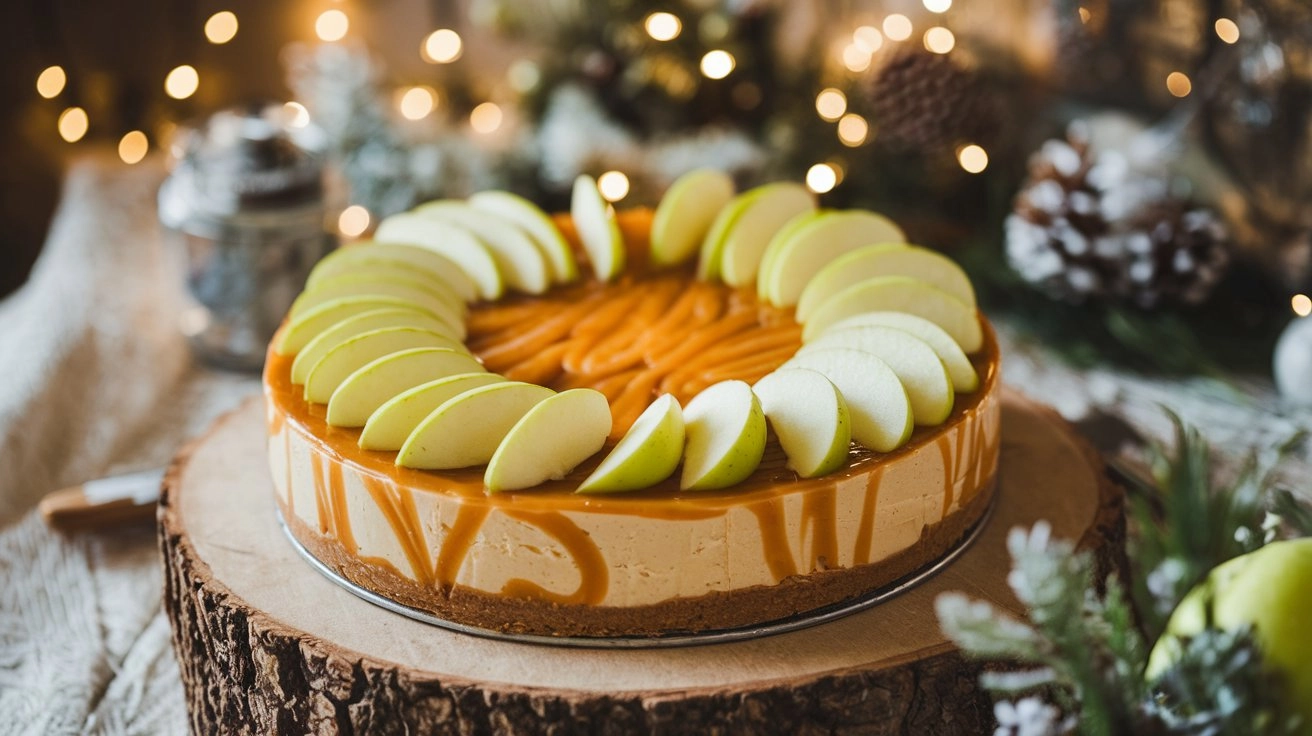 Caramel apple cheesecake with a golden-brown crust, caramel swirls, and fresh apple slices, set on a rustic wooden table with cozy winter decorations, soft warm lighting, and festive greenery.