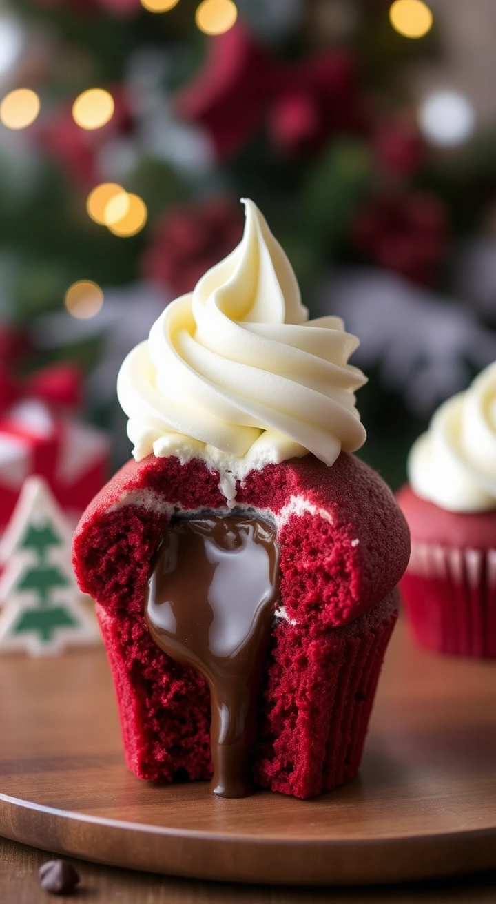 A decadent red velvet cupcake with chocolate ganache filling oozing from the center, topped with cream cheese frosting, set against a festive holiday backdrop with warm lighting highlighting its textures.