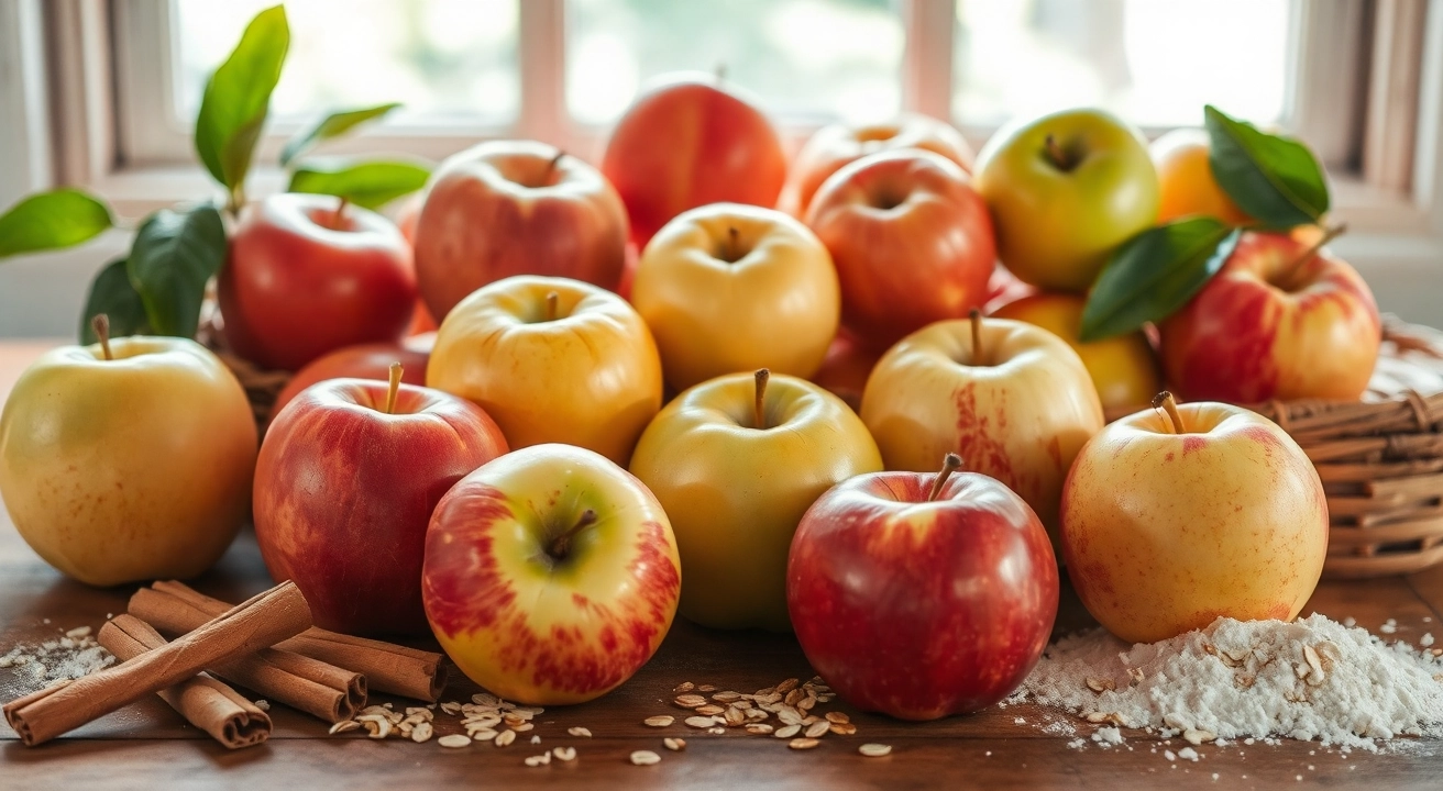 Assorted fresh apples on a rustic table with cinnamon sticks, oats, and a sprinkle of flour, highlighted by natural window light.