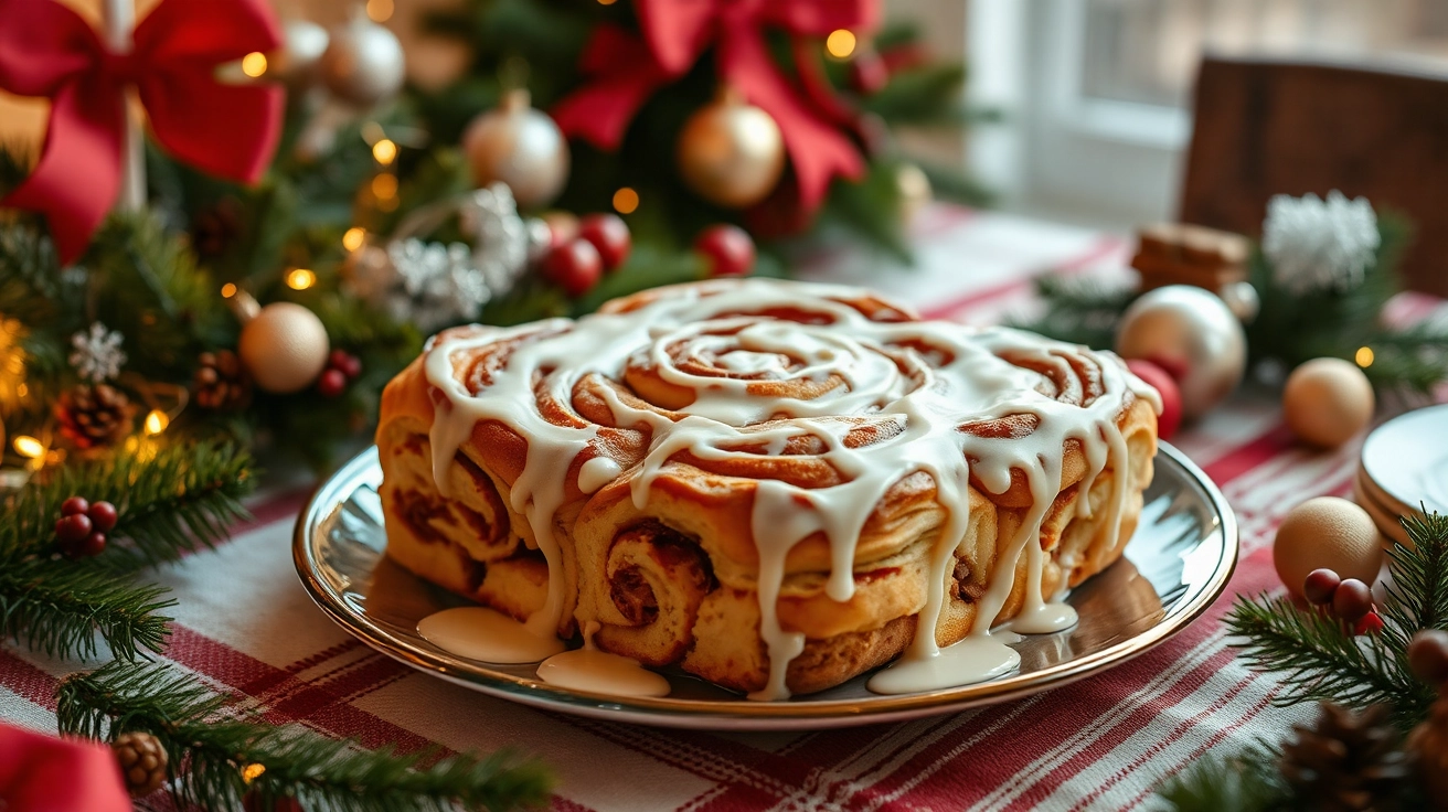 Festive Christmas table with cinnamon roll drizzled in creamy icing, surrounded by pine branches, ornaments, and warm morning light.