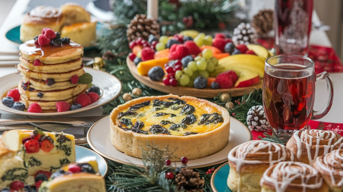  Christmas brunch table with fluffy pancakes topped with berries, spinach and cheese quiche, iced cinnamon rolls, a seasonal fruit platter, and steaming spiced cider, decorated with evergreen branches and holiday decor.