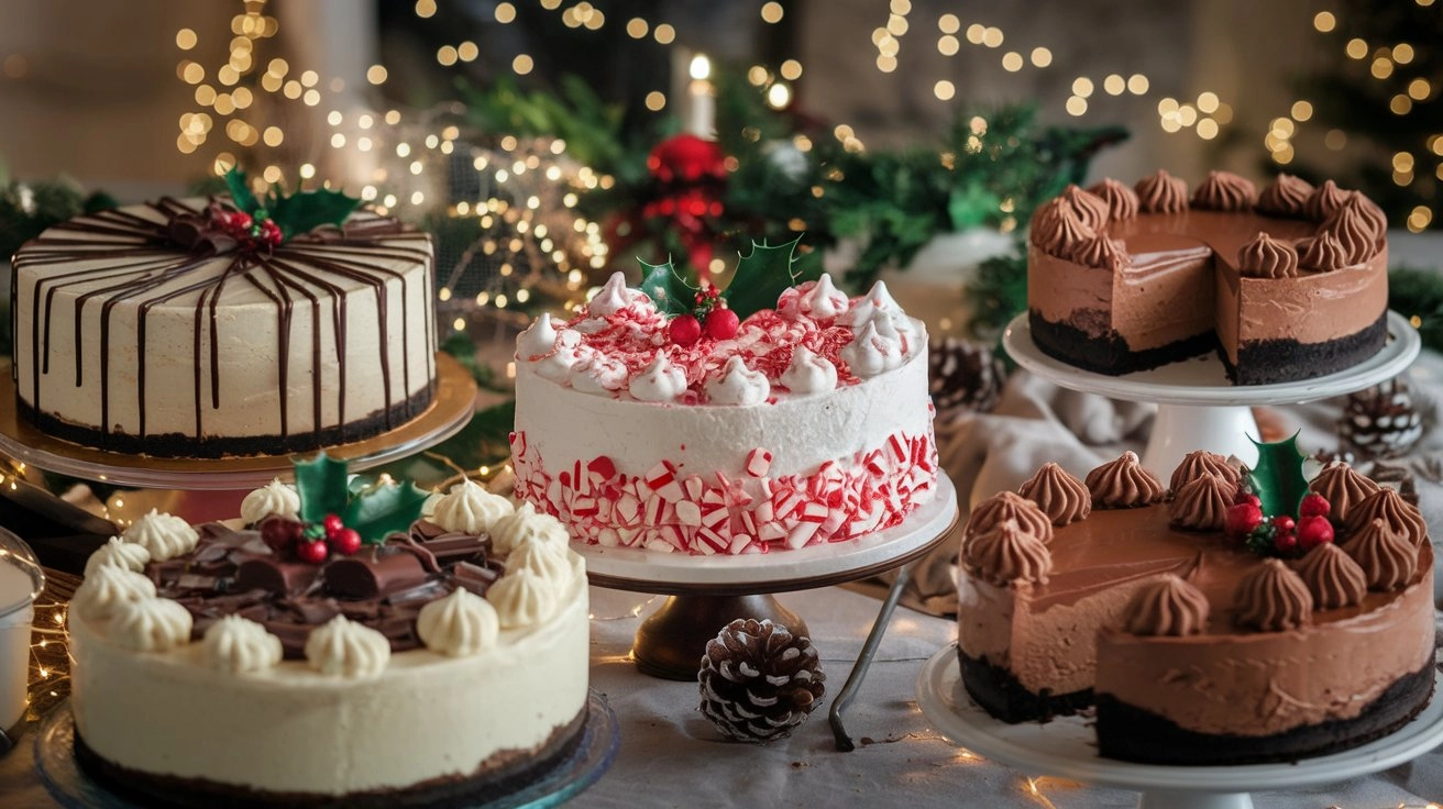 Festive holiday table with chocolate cheesecakes, including ganache-topped, dark chocolate shavings, a New York-style cheesecake with chocolate drizzle, peppermint bark cheesecake with candy canes, and molten lava cheesecake, set against twinkling fairy lights and holiday decorations for a cozy Christmas atmosphere.