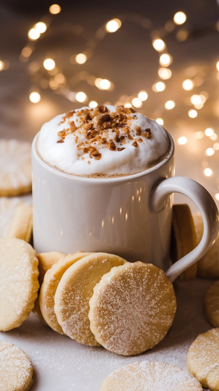 Cookie-topped latte surrounded by Christmas sugar cookies