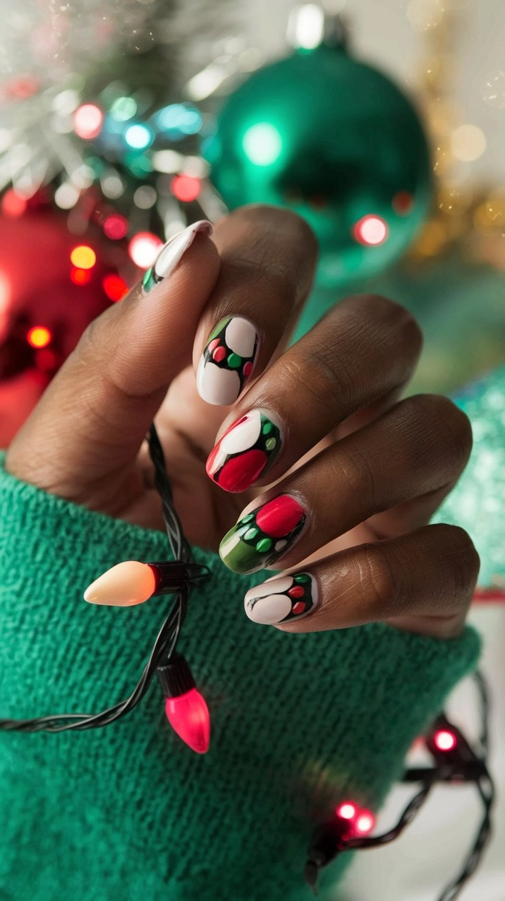 Christmas lights nail art with colorful bulbs connected by black wire, worn with a vibrant green sweater.