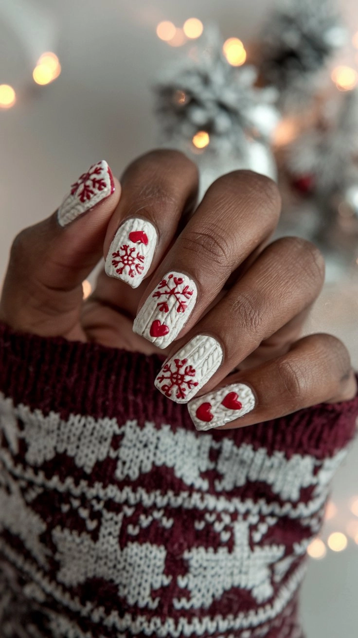 Textured Christmas sweater pattern nails featuring raised snowflakes and hearts, with a maroon sweater to match.