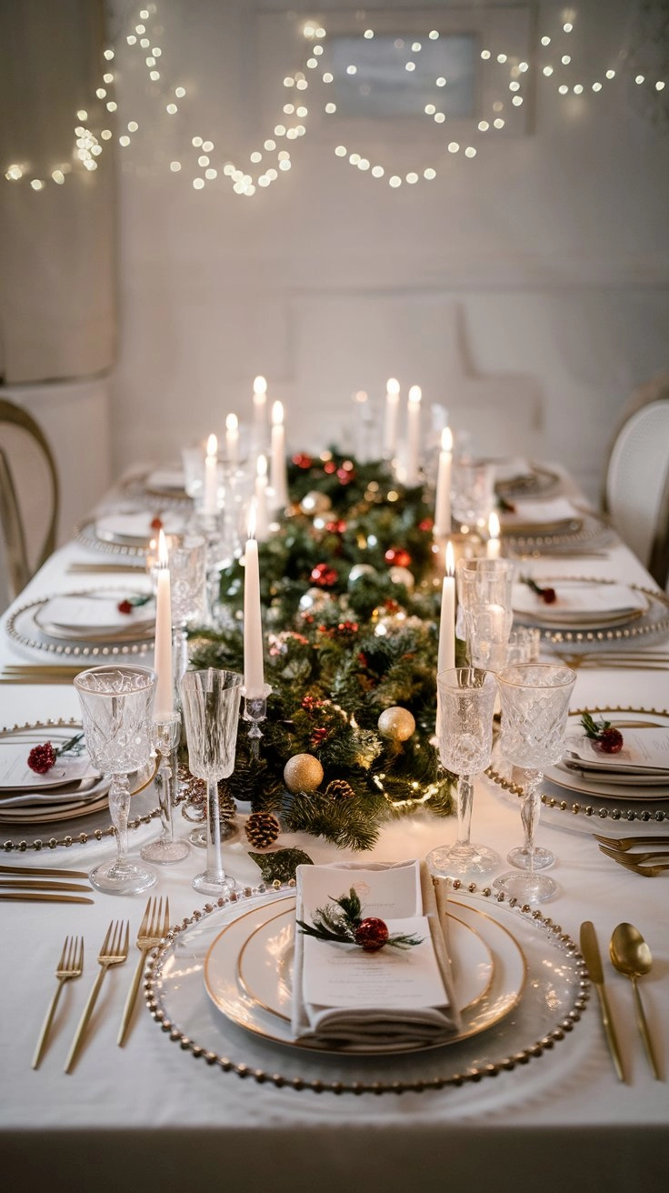 A Christmas dining table with a white tablecloth, gold cutlery, crystal glasses, and a centerpiece of evergreen foliage with red and gold ornaments. Flickering candles and twinkling lights create a magical holiday ambiance.