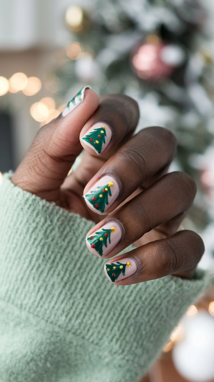 Hand-painted Christmas tree accent nails with colorful decorations, complemented by a soft green sweater.