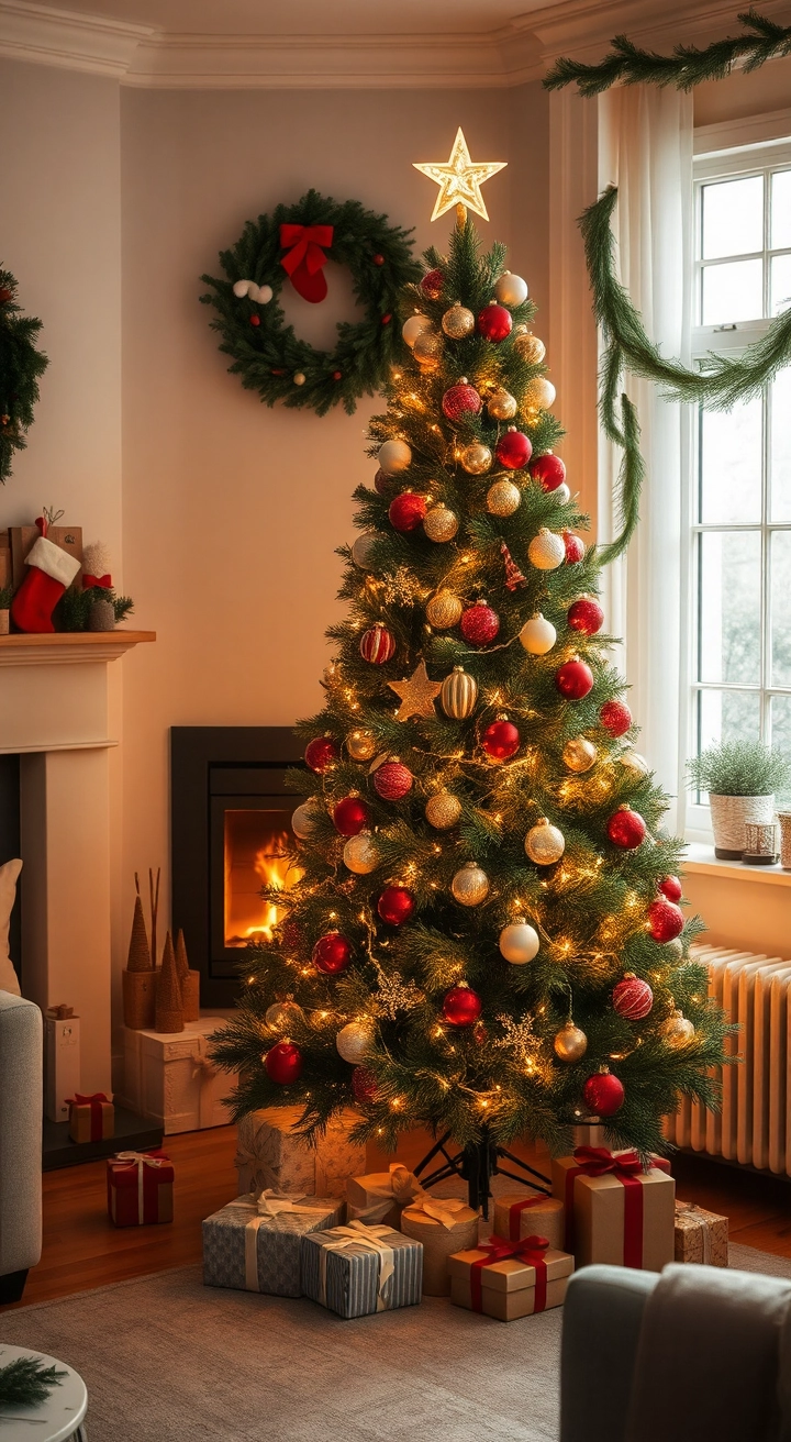 A beautifully decorated Christmas tree with ornaments, twinkling lights, and a star topper, surrounded by gifts. A roaring fireplace, stockings on the mantel, and garlands add to the cozy holiday ambiance.