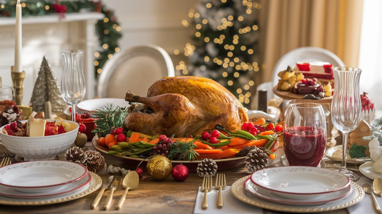 A beautifully set Christmas lunch table featuring roasted turkey, colorful vegetable sides, festive cranberry sauce, and desserts, decorated with pine branches and ornaments, all under soft natural lighting for a warm family gathering.