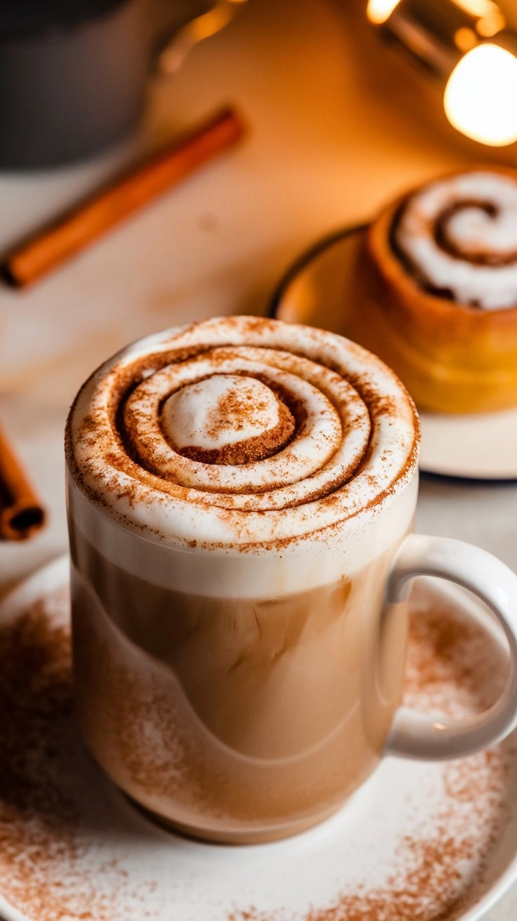 Cinnamon roll coffee with swirled cream and mini pastry