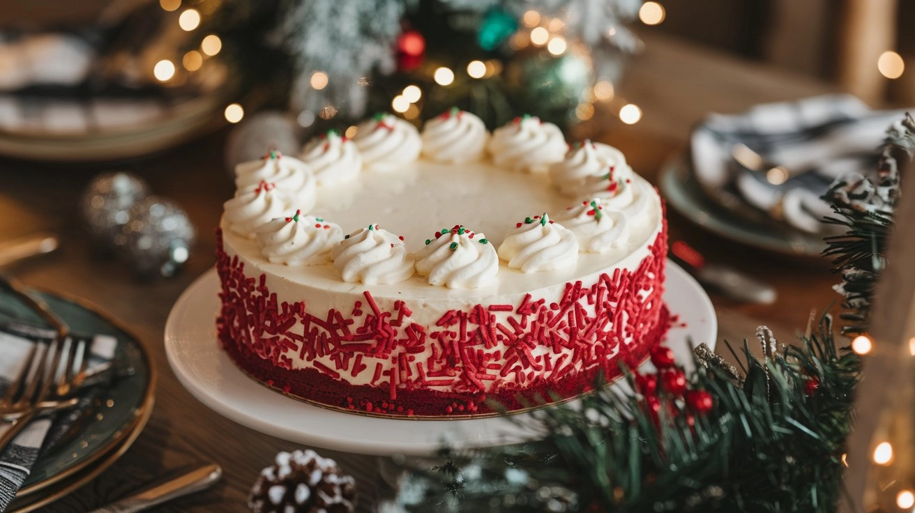 Classic red velvet cheesecake with creamy white frosting and red and green sprinkles on a festive holiday table, surrounded by pine branches, ornaments, and warm, cozy lighting.