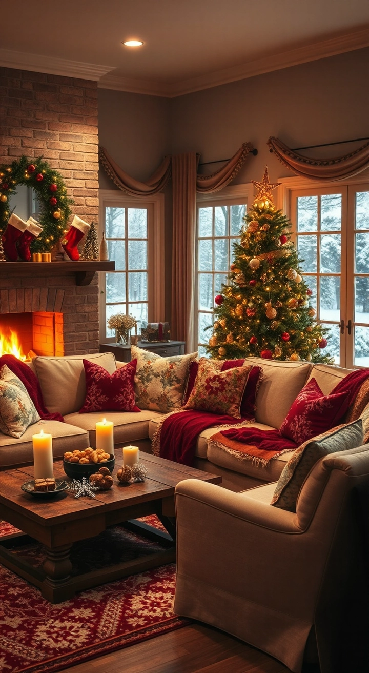 A cozy holiday seating area with a plush sofa, festive blankets, and decorative pillows, paired with elegant armchairs. A crackling fireplace, decorated Christmas tree, and twinkling fairy lights create warmth, while a rustic coffee table holds treats and candles. Snow gently falls outside large windows.