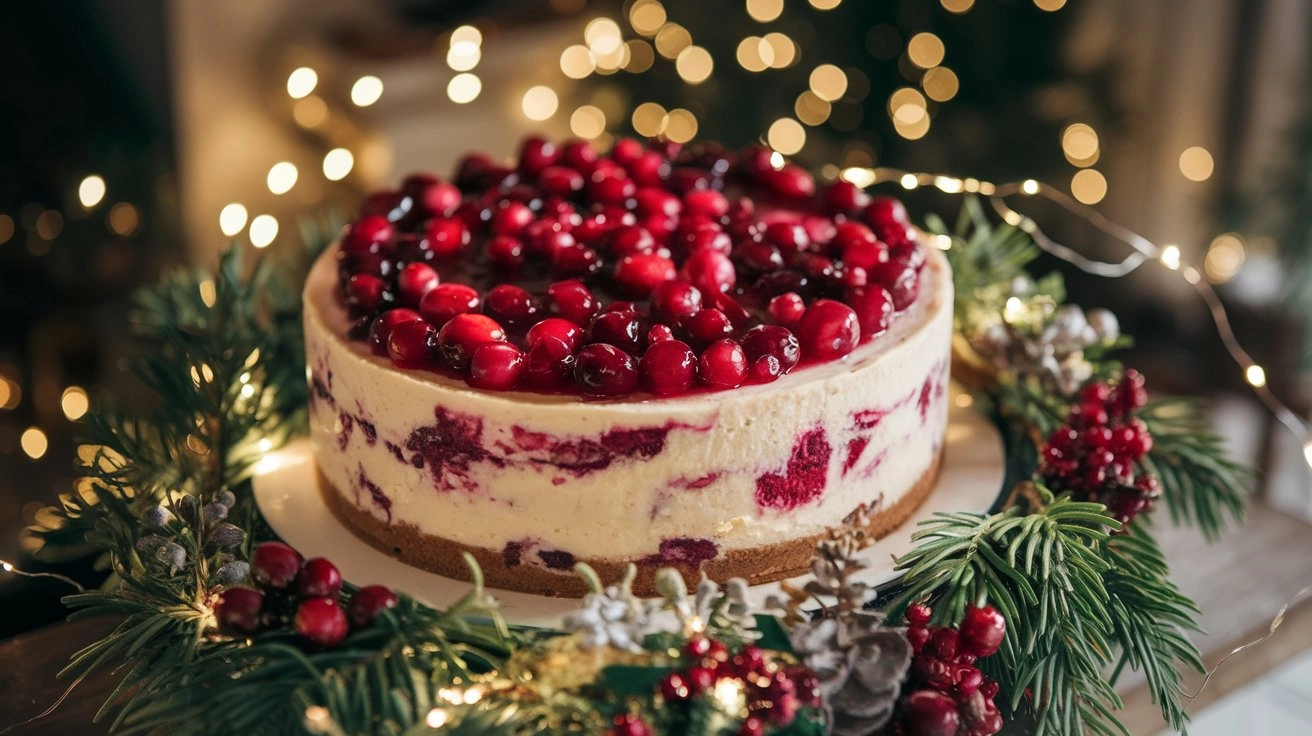 Cranberry swirl cheesecake topped with vibrant cranberry sauce, surrounded by holiday decorations like evergreen sprigs and fairy lights, set against a cozy winter kitchen backdrop with warm lighting.