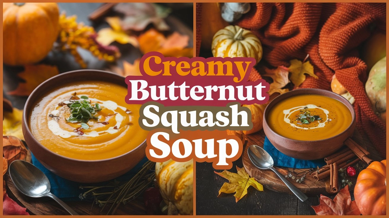 Warm bowl of creamy butternut squash soup with olive oil drizzle and fresh herbs, surrounded by autumn leaves and pumpkins on a rustic table, cozy fall lighting.