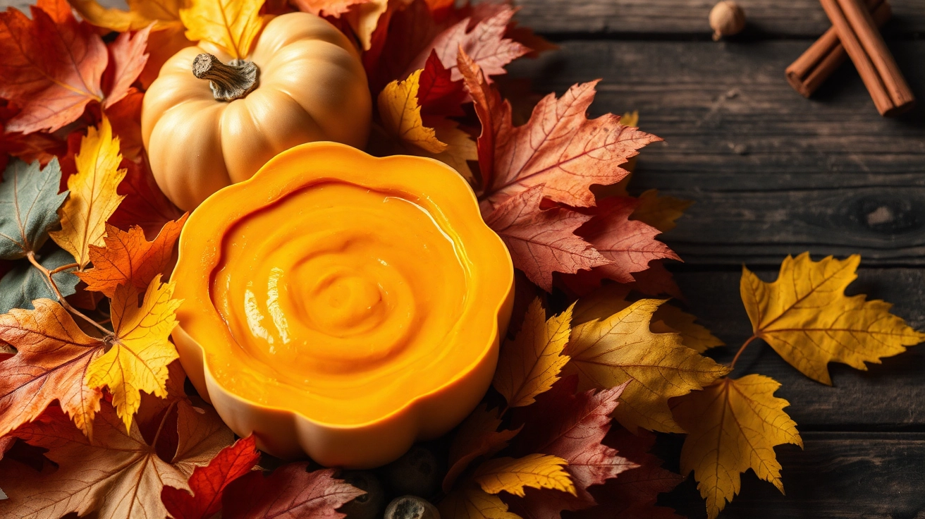 Cozy butternut squash soup with autumn leaves and warm orange hues on a rustic table, hinting at spices like nutmeg and cinnamon.