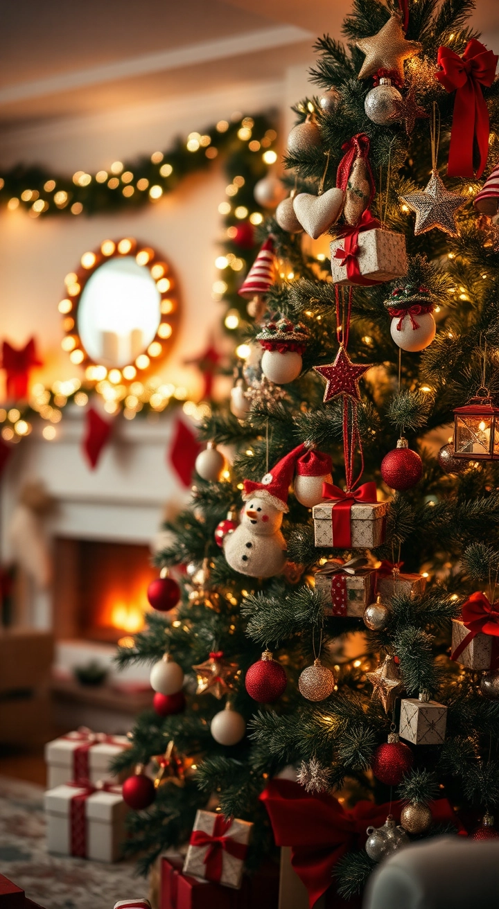 A cozy living room with a decorated Christmas tree adorned with handmade ornaments, surrounded by garlands and twinkling lights. A glowing fireplace in the background adds warmth, creating a festive and inviting atmosphere.