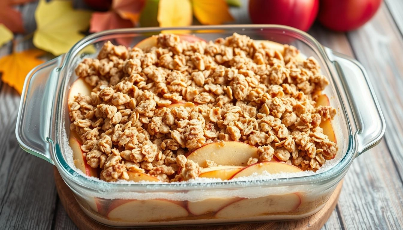  Frozen apple crisp in a glass dish with layered apples and golden oat topping, frosty edges, set on a rustic wooden background with autumn leaves in soft focus.