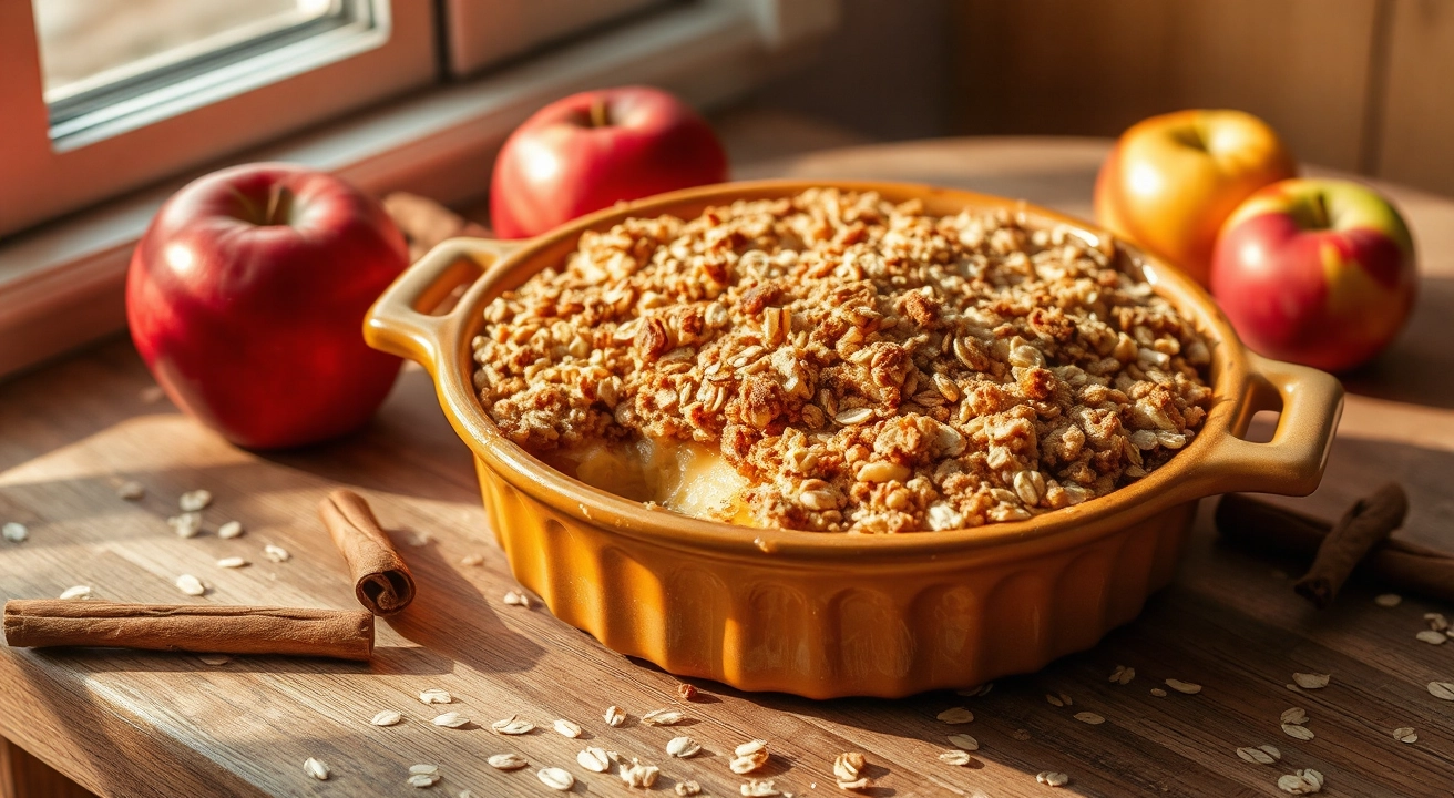 Freshly baked golden apple crisp in a rustic ceramic dish with bubbling edges, topped with oat and brown sugar crumble, surrounded by red and green apples, cinnamon sticks, and scattered oats on a wooden table in soft autumn sunlight.