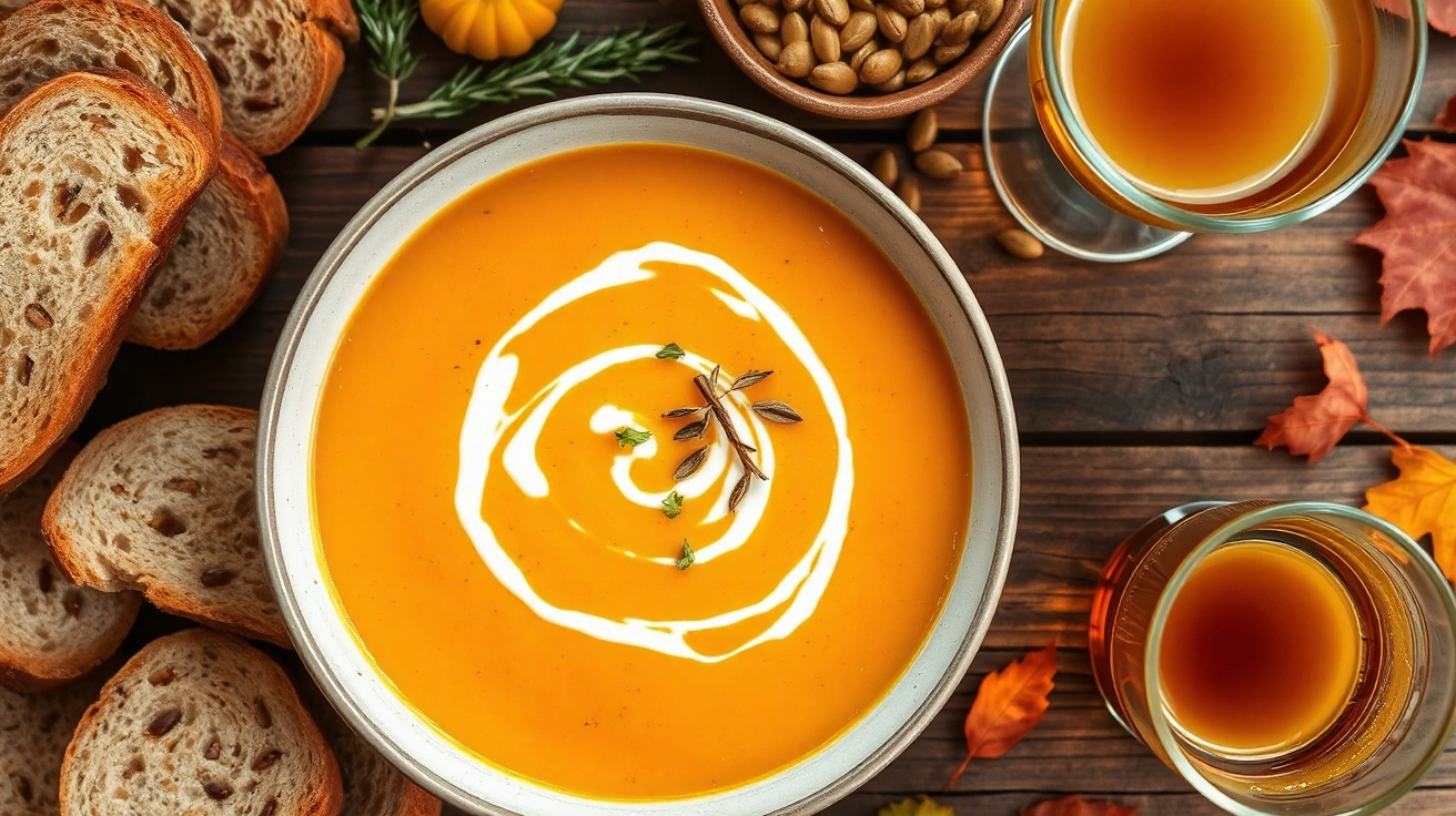 Warm bowl of creamy butternut squash soup with a swirl of cream and fresh herbs, surrounded by rustic bread, roasted pumpkin seeds, rosemary, and apple cider on a wooden table with autumn leaves.