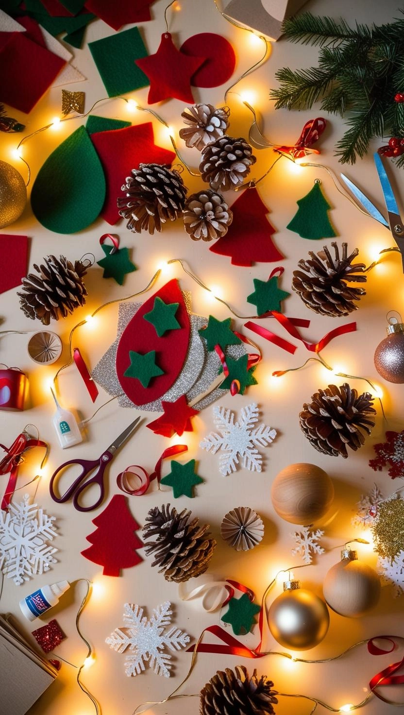 A cozy workspace with DIY Christmas ornaments in progress, including felt shapes, glittery pinecones, wooden baubles, and paper snowflakes. Warm string lights illuminate craft supplies like ribbons, scissors, and glue, creating a festive, beginner-friendly vibe.