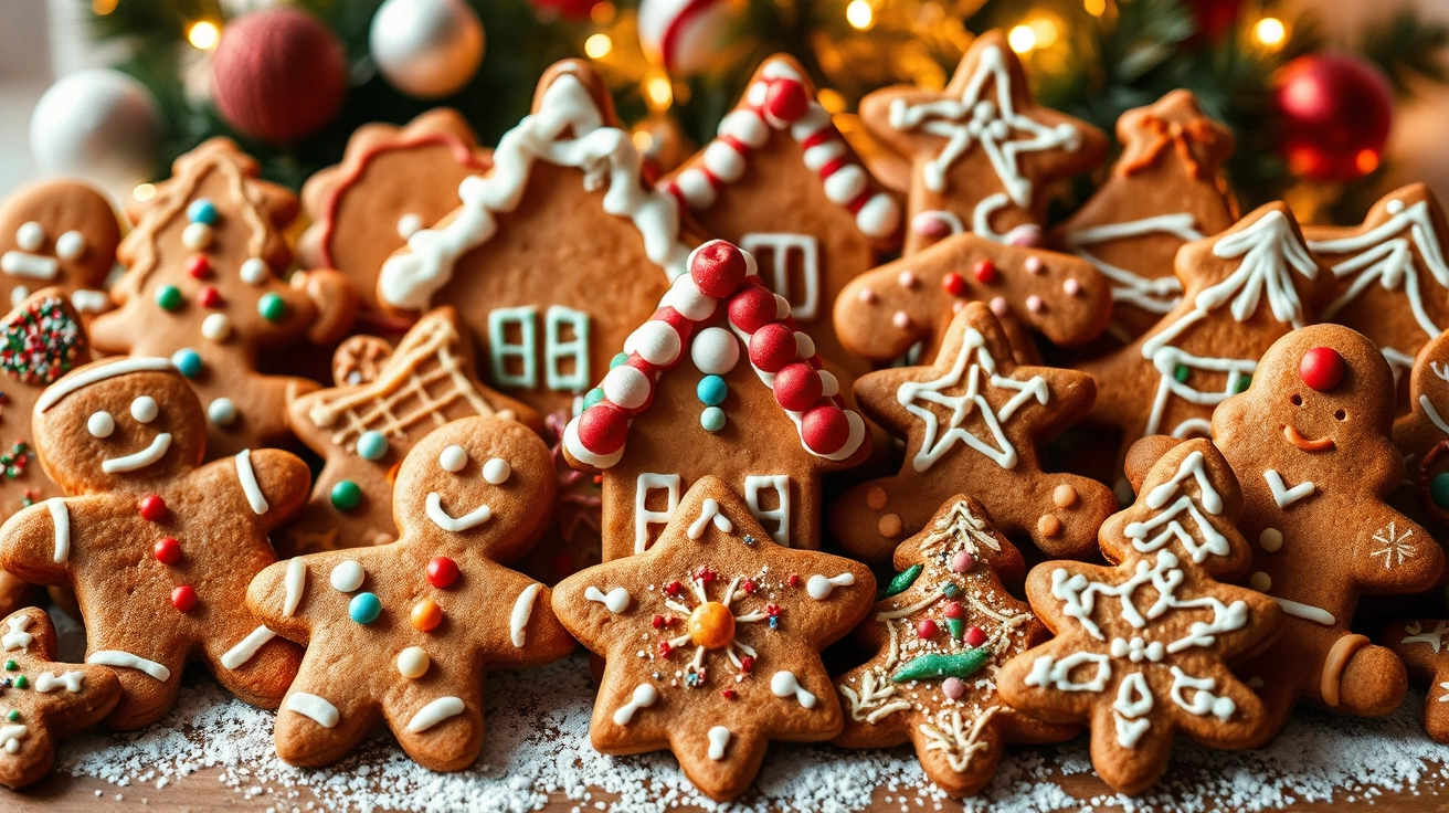 Assortment of gingerbread cookies, decorated with colorful icing, sprinkles, and glitter, set against a festive holiday backdrop with warm lighting.
