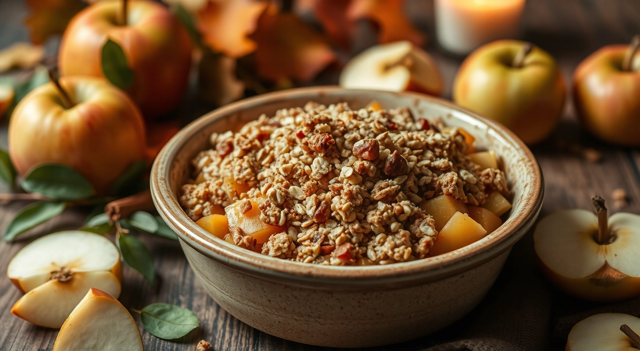  Warm apple crisp in a rustic dish with oat crumble, surrounded by sliced apples, cinnamon, autumn leaves, and soft candlelight on a wooden table.