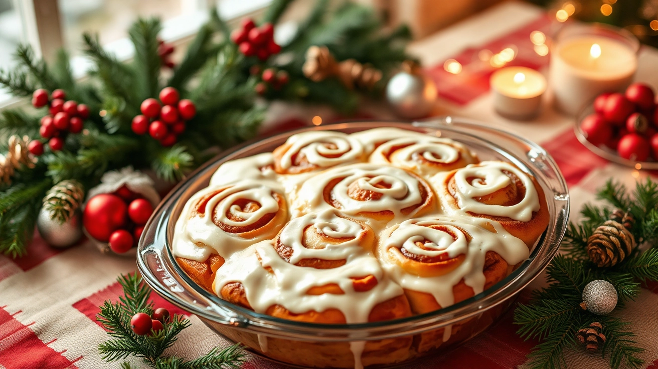 Festive Christmas table with cinnamon roll casserole drizzled in creamy icing, surrounded by pine branches, ornaments, and warm morning light.